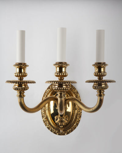 Vintage Collection image 1 of a pair of Three Arm Brass Sconces by E. F. Caldwell antique in a Original Brass finish.