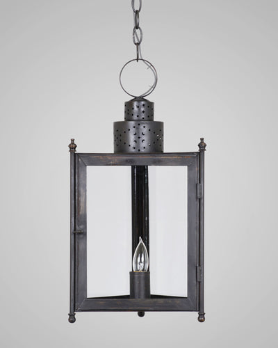 Scofield Lighting Collection image 1 of a Three Sided Hanging Lantern Large made-to-order.  Shown in Aged Tin.