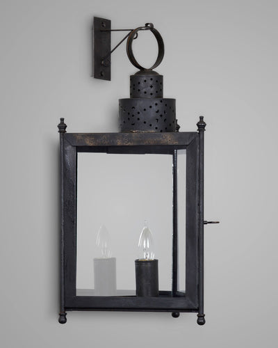 Scofield Lighting Collection image 1 of a Three Sided Wall Lantern Large made-to-order.  Shown in Aged Tin with Plate mirror.