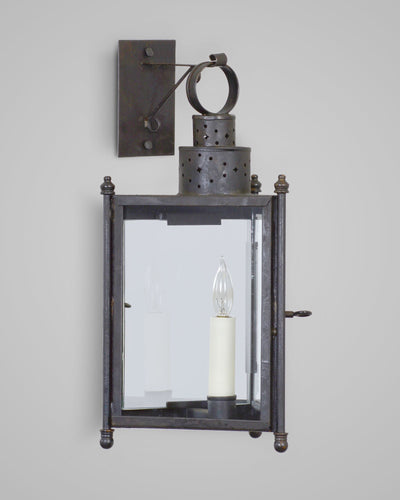 Scofield Lighting Collection image 1 of a Three Sided Wall Lantern Small made-to-order.  Shown in Aged Tin with Plate Mirror.
