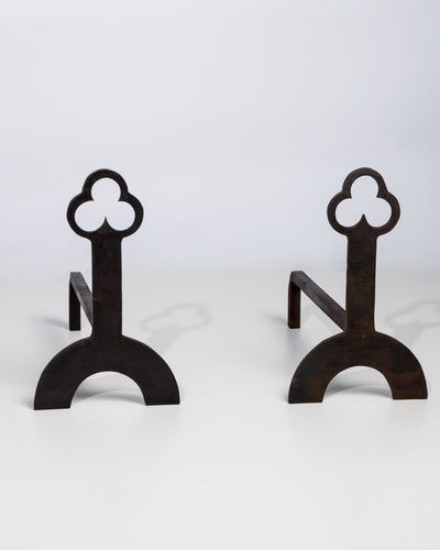Vintage Collection image 1 of a pair of Trefoil Andirons in Blackened Iron antique.
