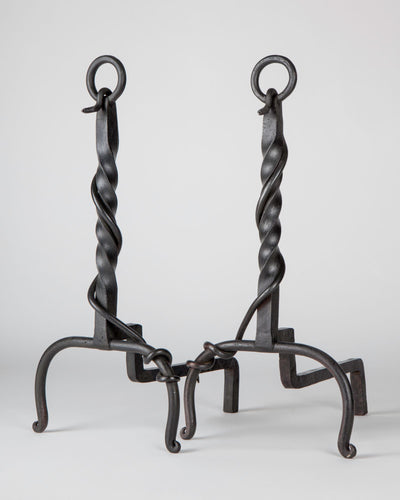 Vintage Collection image 1 of a pair of Twisted Iron Andirons with Delicate Snake Details antique in a Blackened Cast Iron finish.