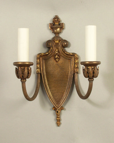 Vintage Collection image 1 of a pair of Two Arm Bronze Shield Form Sconces antique.