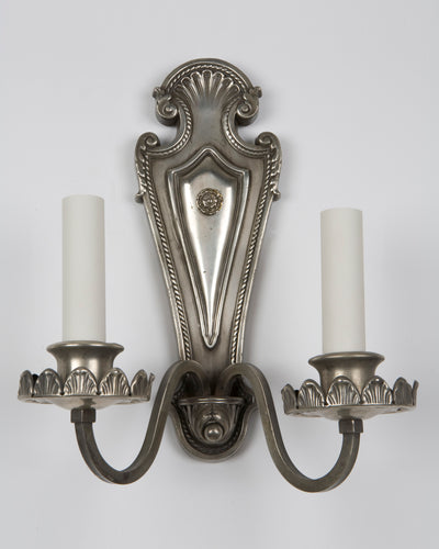 Vintage Collection image 1 of a pair of Two Arm Silverplate Sconces with Rope and Foliate Details antique.