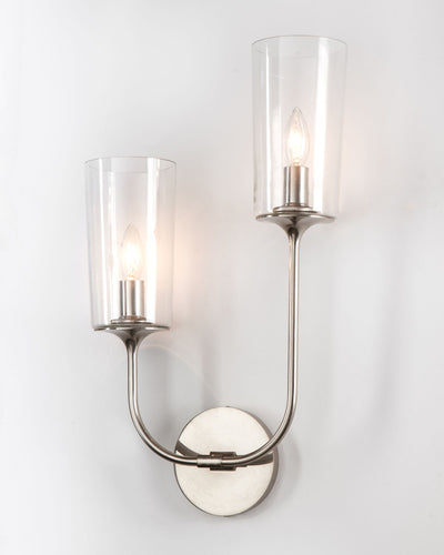 Remains Lighting Co. Collection image 1 of a Veronique Uneven Sconce with Glass Shades made-to-order.  Shown in Burnished Nickel with tall arm on right.