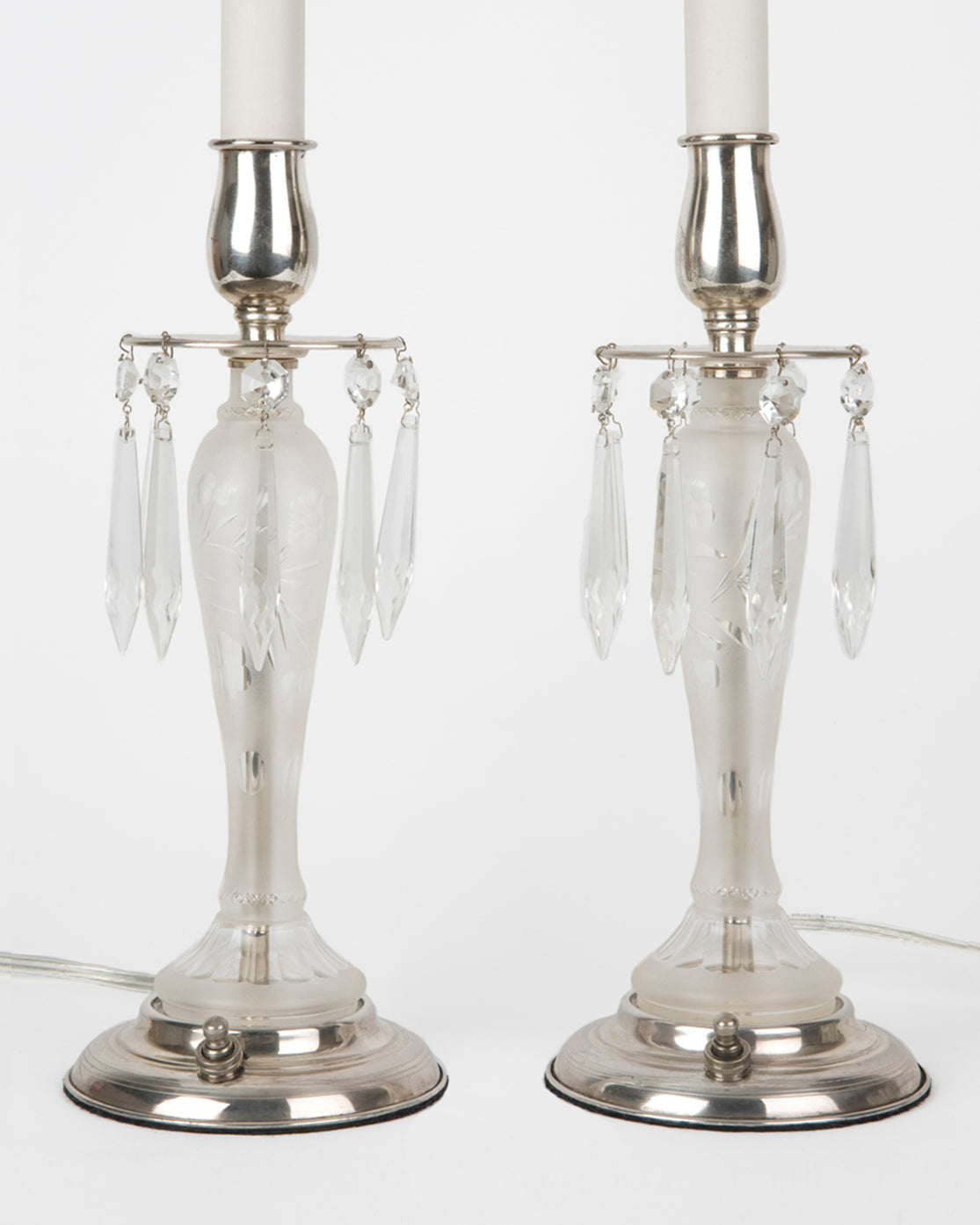 meget Trolley Busk Wheel Cut Glass Candlestick Lamps with Crystal Prisms | Vintage Collection