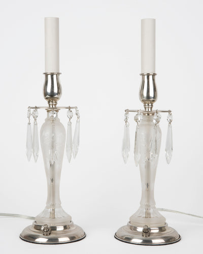 Vintage Collection image 1 of a pair of Wheel Cut Glass Candlestick Lamps with Crystal Prisms antique.