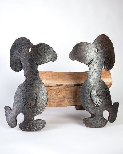 Vintage Collection image 1 of a pair of Whimsical Blackened Iron Snoopy Andirons antique.