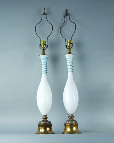 Vintage Collection image 1 of a pair of White Murano Glass Table Lamps with Blue Swirls antique.