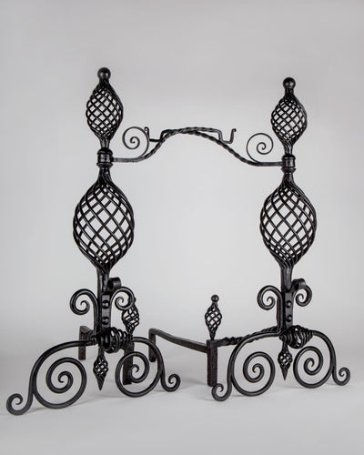 Vintage Collection image 1 of a pair of Wrought Iron Andirons with Basket Twists and Scrolls antique in a Black Lacquer and Darkened Iron finish.