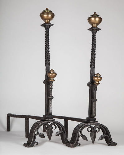Vintage Collection image 1 of a pair of Wrought Iron Andirons with Brass Finials antique in a Original blackened Iron and Aged Brass finish.