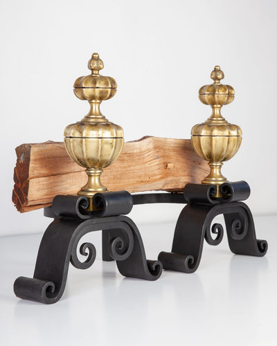 Vintage Collection image 1 of a pair of Wrought Iron Andirons with Fluted Brass Urns antique.