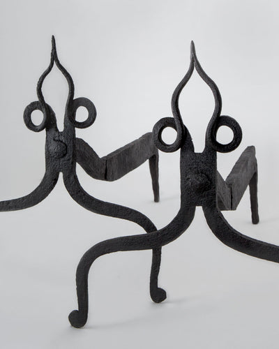 Vintage Collection image 1 of a pair of Wrought Iron Andirons with Spade Shaped Finials antique in a Original Antique Finish finish.
