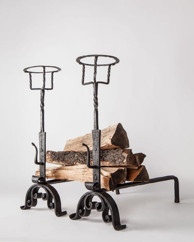 Vintage Collection image 1 of a pair of Wrought Iron Andirons with Summer Cups antique.