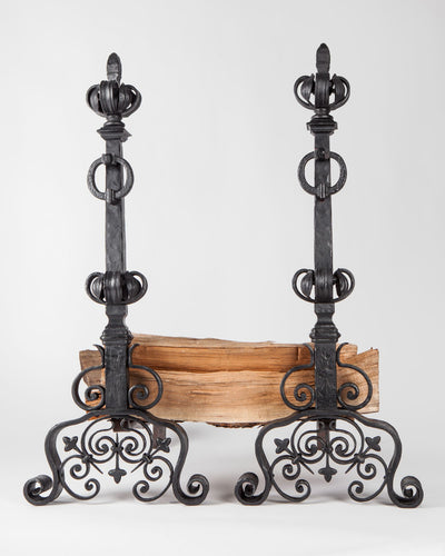 Vintage Collection image 1 of a pair of Wrought Iron Foliate Andirons with Scrolls antique.