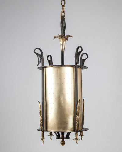Vintage Collection image 1 of a Wrought Iron Lantern with Pierced Brass Cylinder Shade antique in a Antique Brass and Blackened Steel finish.